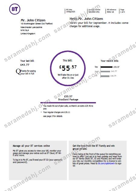 United Kingdom BT utility bill template in Word and PDF formats